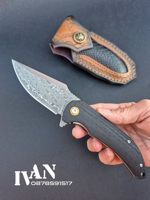 Сгъваем нож от дамаска стомана с кожена кания