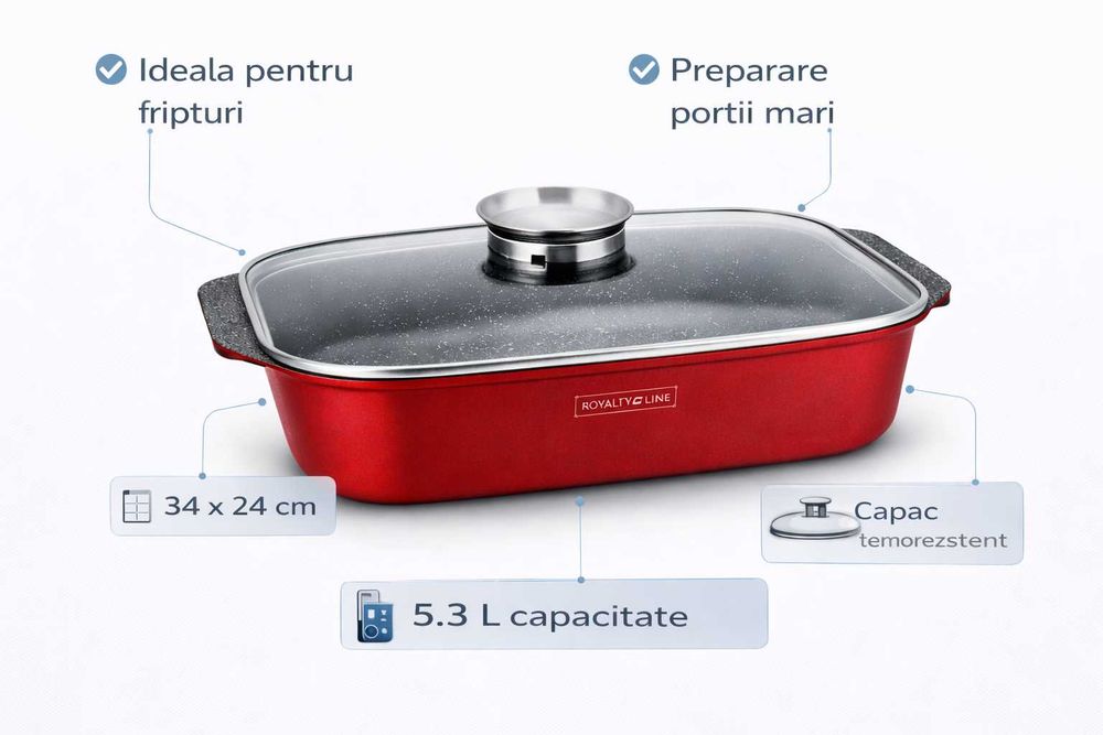 Tava cuptor Royalty Line 34 x 24 cm cu capac sticla 5.3 L