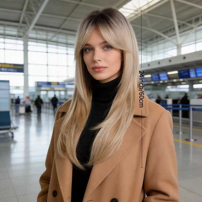 Руса перука с тъмни корени и бретон – 60 см, на пластове, синтетична