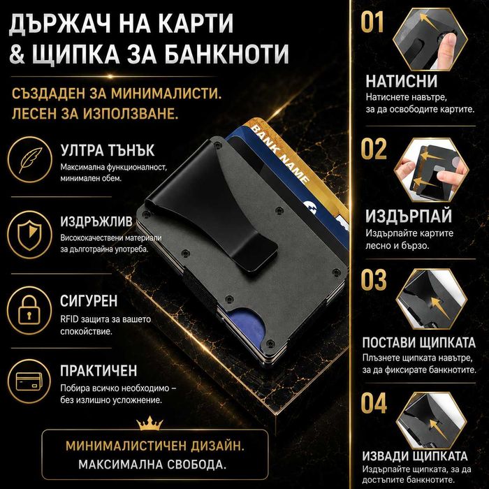 Минималистичен RFID защитен портфейл с щипка за банкноти