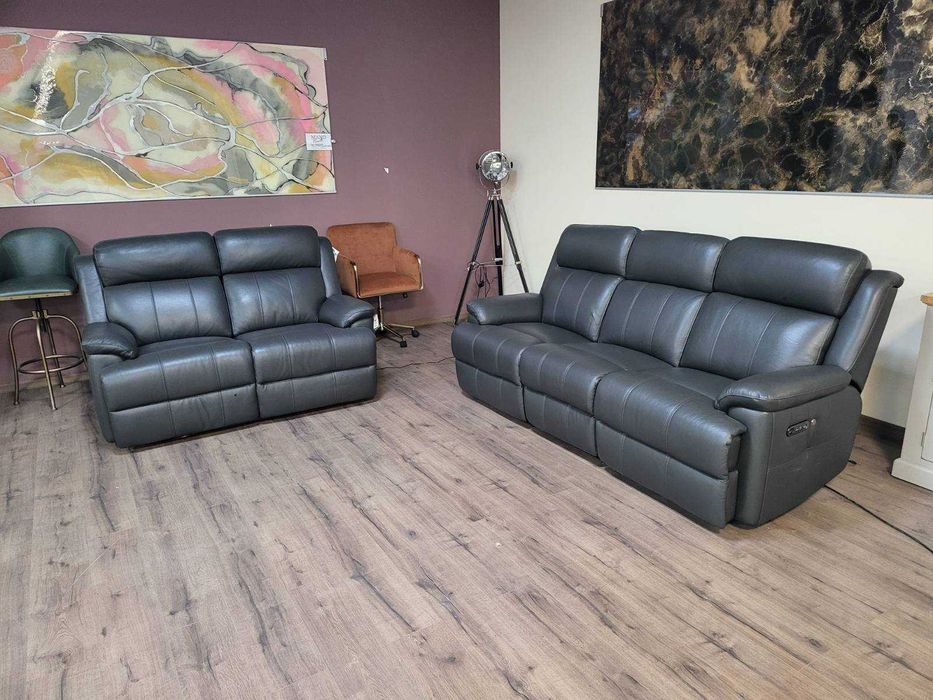 Тъмно сиви кожени дивани тройка и двойка с ел. релакс механизъм