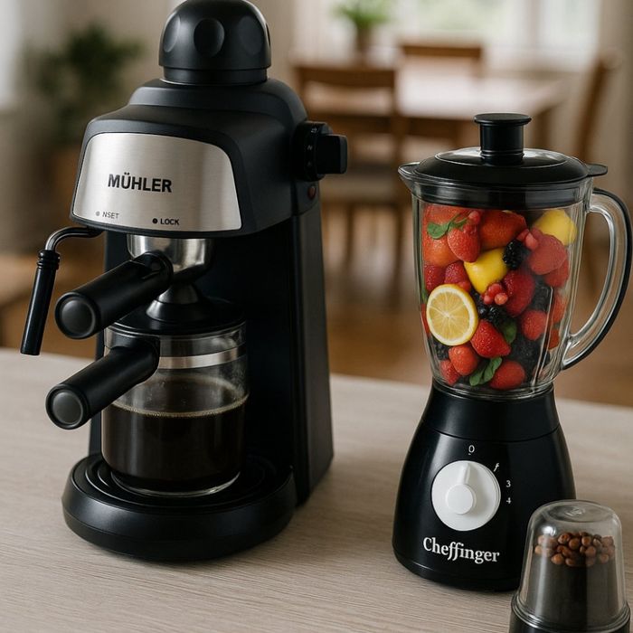 Комплект от еспресо машина MUHLER MCM-33 + 2 стъклени чаши и блендер с