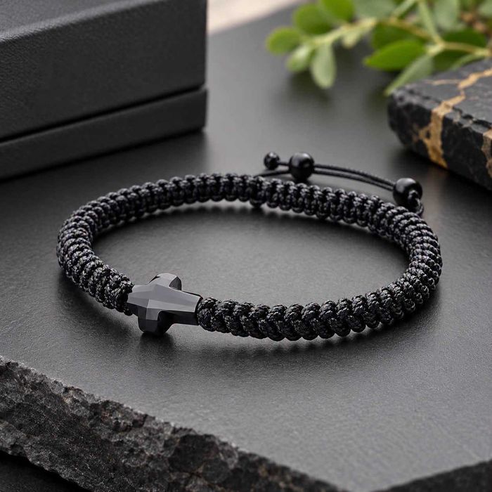 Мъжка Плетена Гривна с Черен Кръст Сваровски/Swarovski