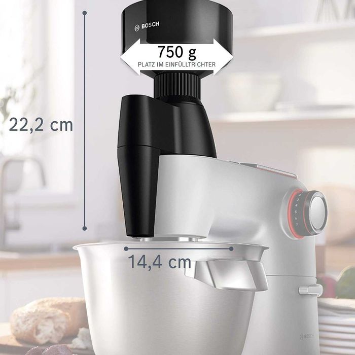 Мелница за зърнени култури Bosch MUZ9GM1 с конична мелница, непрекъсната степен на смилане, за всички видове зърнени култури с изключение на царевица