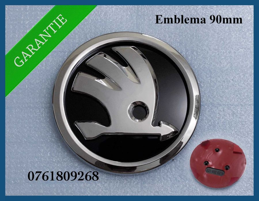 Emblema Skoda pentru capota / haion cu logo argintiu 90mm