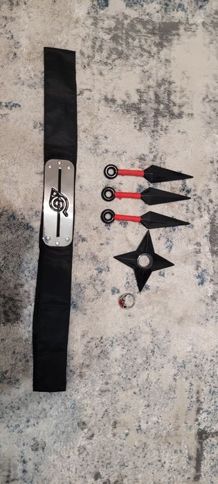 Costum Akatsuki Naruto + Accesorii (kunai, shuriken, bandană, inel)
