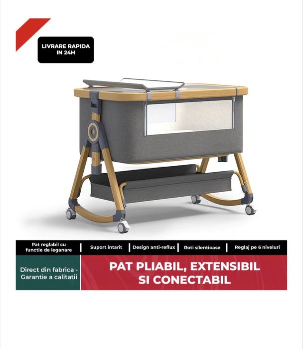 Patut Pliabil Pentru Bebelusi Elindor® 3 in 1, Pentru Copii 0–6 Luni, Leagan Pe 2 Etaje,