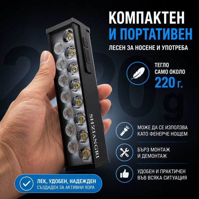 Ултра ярък 15 LED бар за велосипед, 4000 lm, USB-C, Бяла и жълта светлина