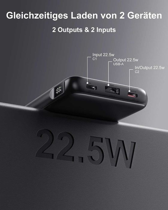 Външна батерия Power Bank ANSODY 10000mAh 22.5W, бързо зареждане, LED дисплей, USB-C