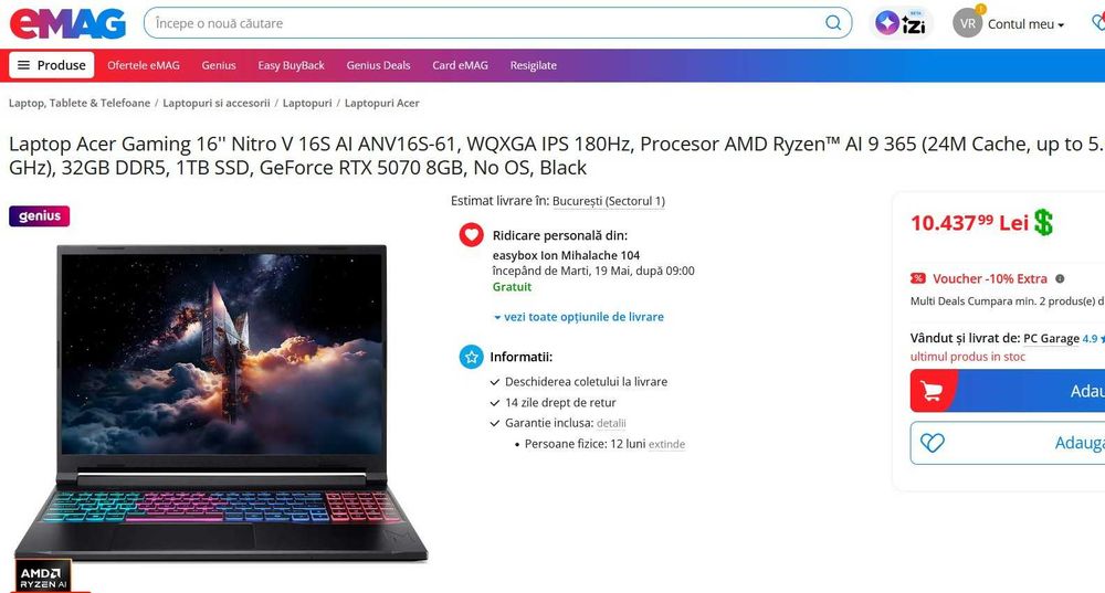 Gaming Acer NITRO Ryzen Ai 9 365 32GB 1TB NVIDIA RTX 5070  16" 2.5K SIGILAT