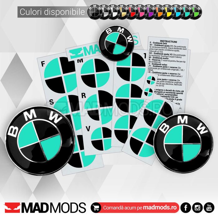 Set Stickere Embleme Negru cu Turcoaz BMW Seria 1 2 3 4 5 6 7 8 X i M