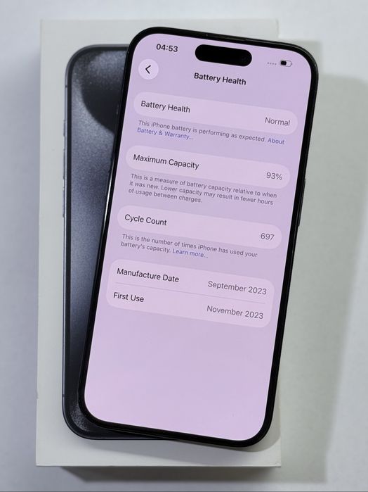iPhone 15 Pro Blue 93% battery