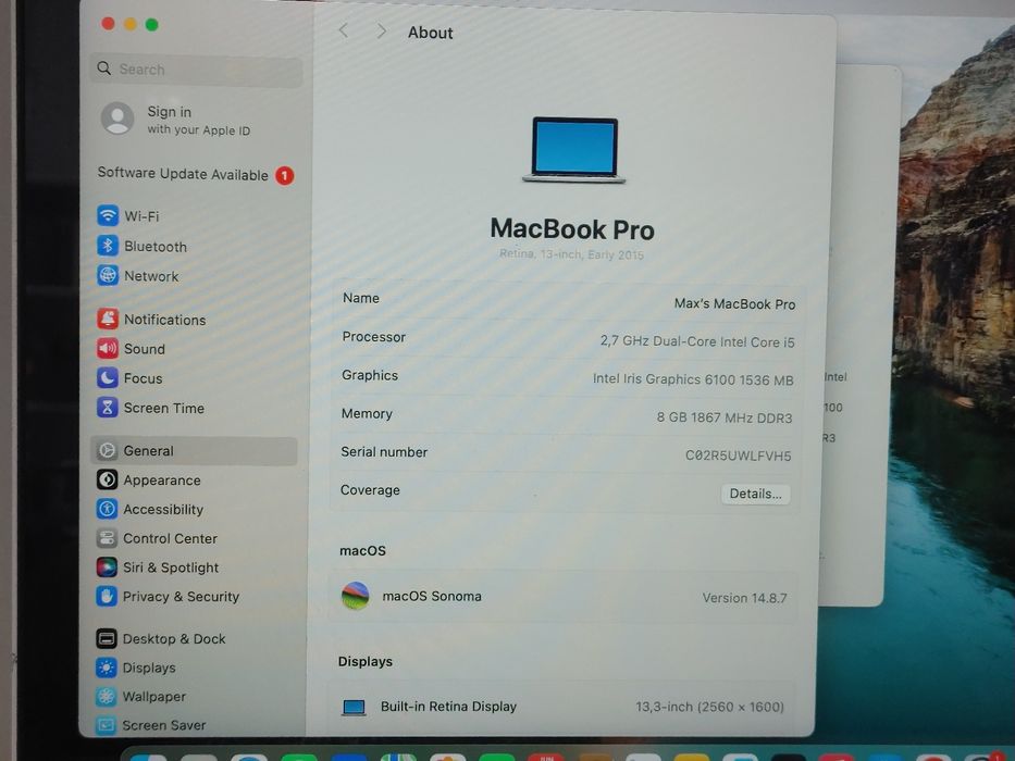 Macbook pro 2015 core i5 8GB 250GB