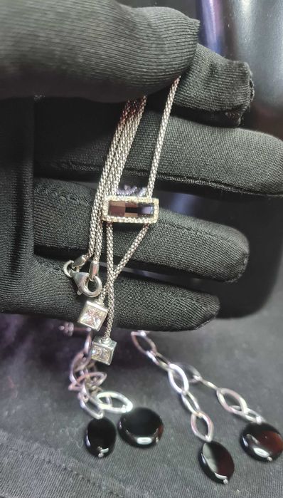 Дамски комплект, сребърно колие и обици, с камъни циркони и оникс 925
