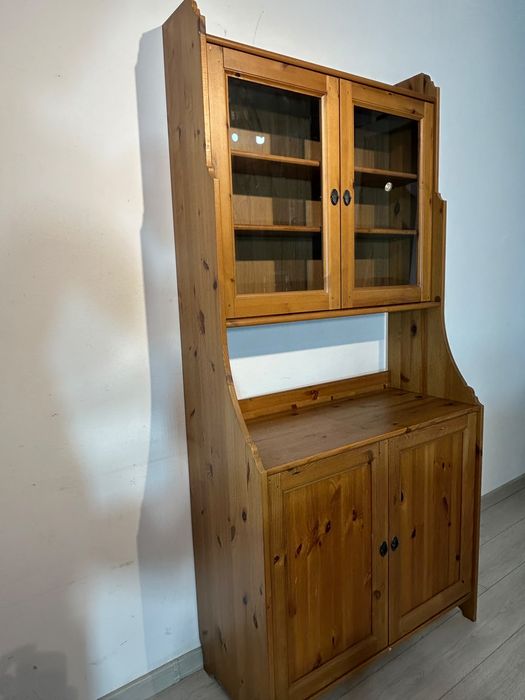IKEA LEKSVIK Dulap cu Vitrină din Lemn de Pin; Bufet Credenț