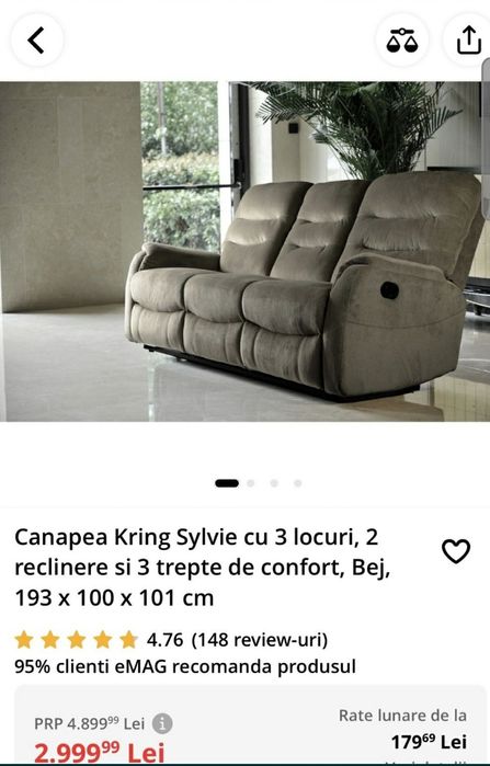 Canapea Kring Sylvie cu 3 locuri, 2 reclinere