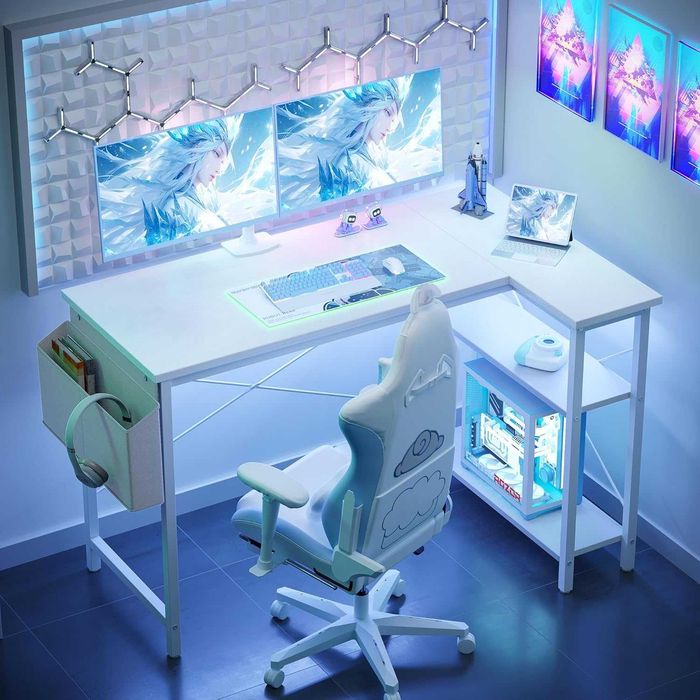 Birou Gaming în L, Reversibil, cu Rafturi de Depozitare, 100 × 70 cm, Alb