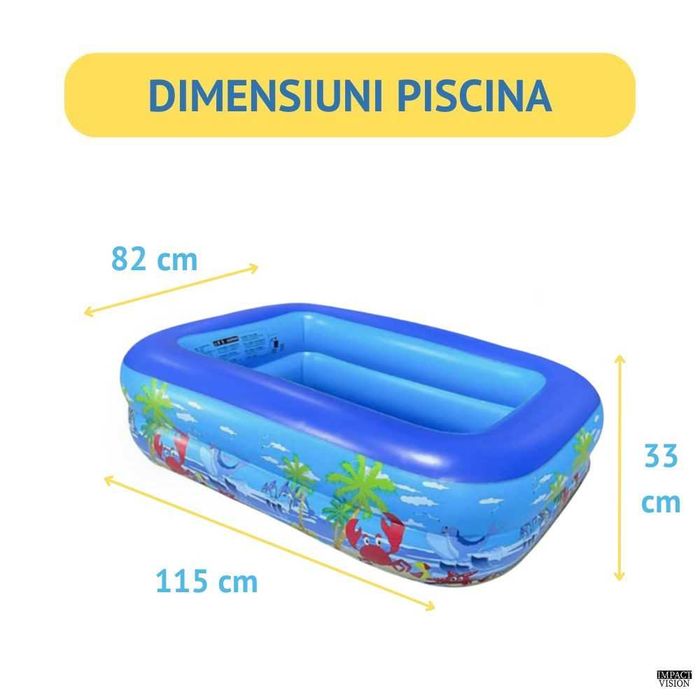 Piscina Gonflabila pentru copii, Multicolora, Dreptunghiulara, Baza moale si doua inele gonflabile, Dimensiuni 115 x 82 x 33 cm, Vinil rezistent