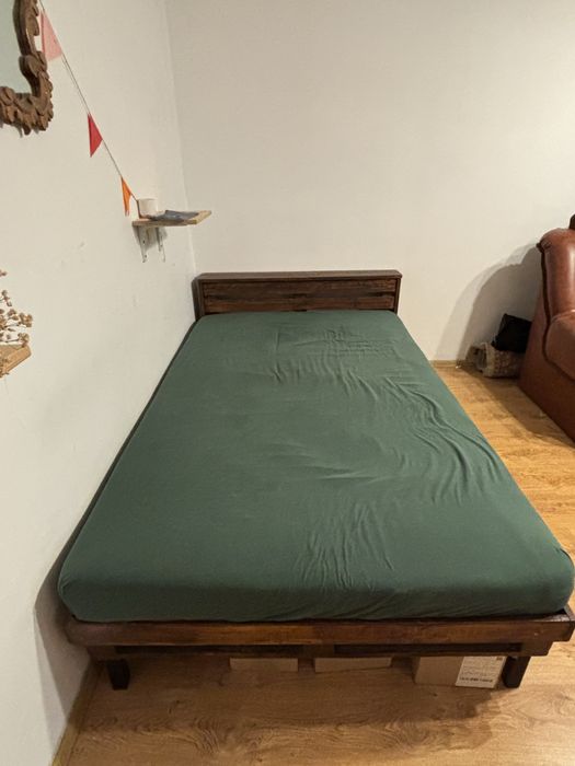 Pat din lemn rustic 120x200 cm cu tăblie + saltea spumă