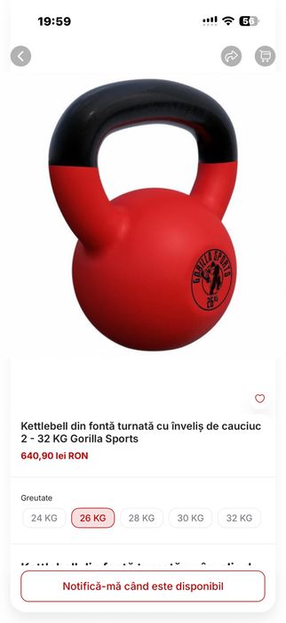 Kettlebell nou Germany 26 kg fier cauciucat pret 350 lei