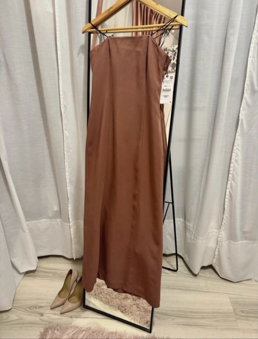 Rochie lunga tub maro fara bretele Zara marimea S noua cu eticheta