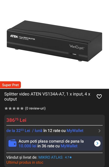 Splitter video ATEN VS134A-A7, 1 x input, 4 x output, VGA