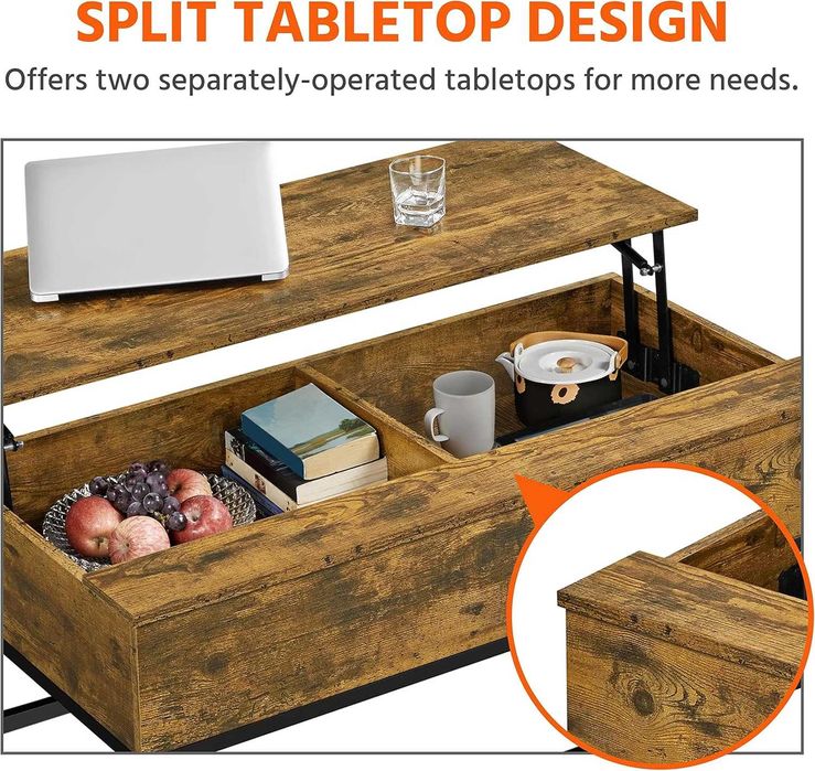 Маса за кафе повдигащ се плот, съхранение странична бюро рустик н141