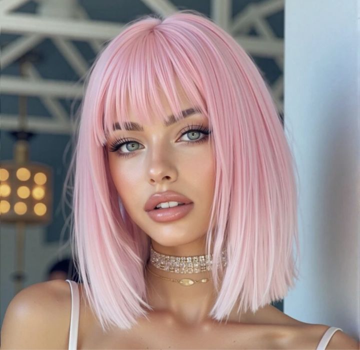 Peruca  blond cu bob scurt o roz bombon cu breton