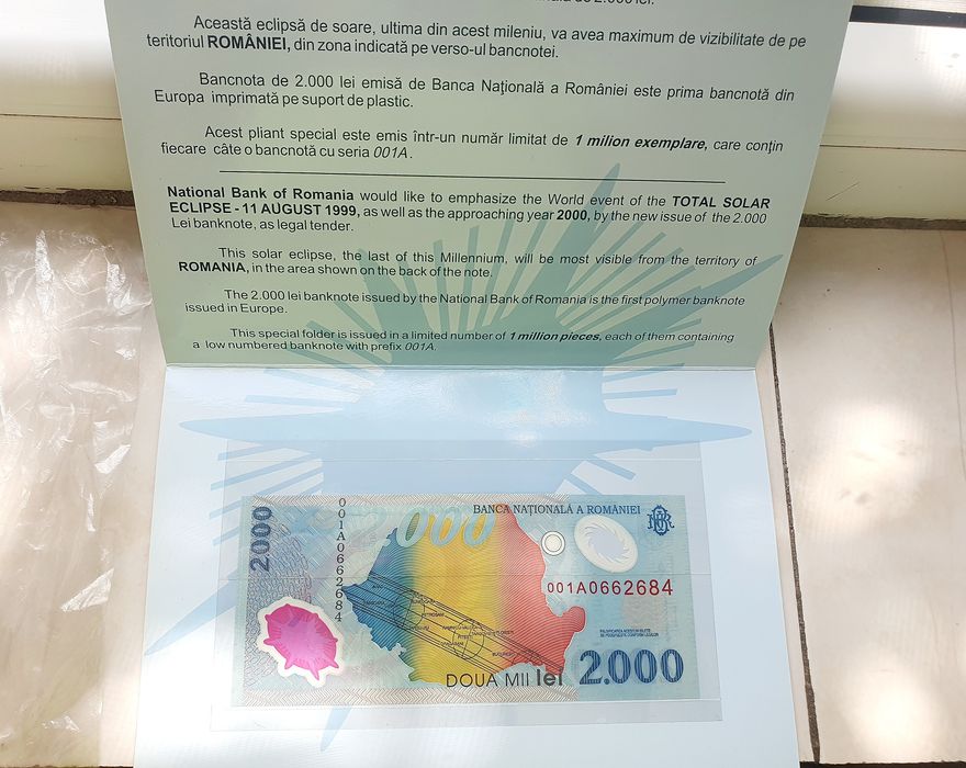 Bancnote 2000 lei, 1999 eclipsă, cu pliant
