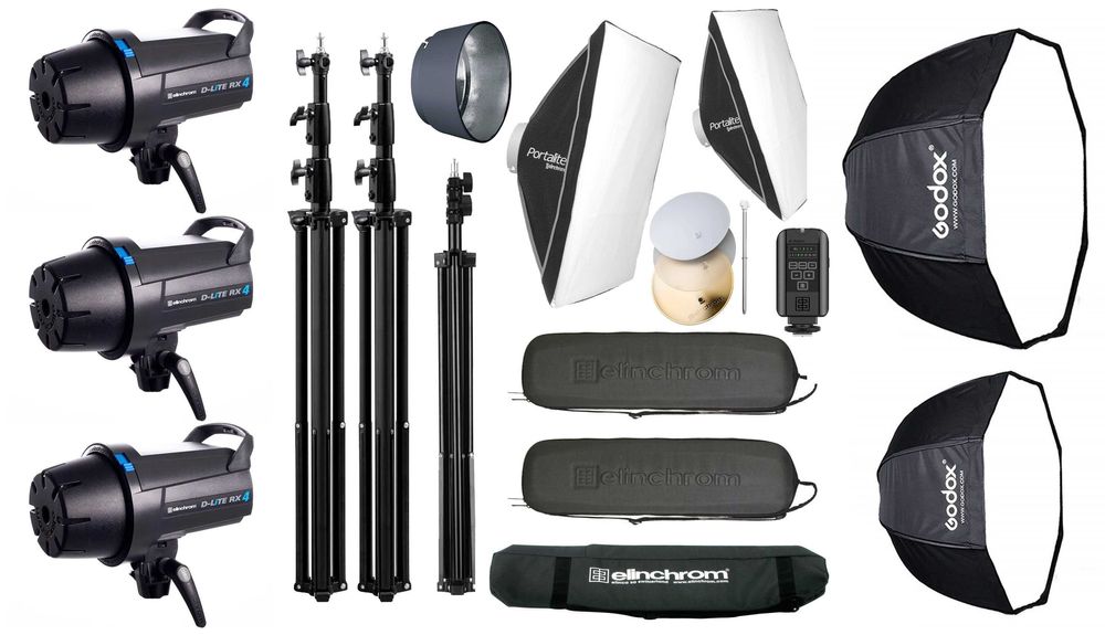 Kit studio foto - 3x Elinchrom D-Lite RX4 - 3 blitzuri 400w, softboxuri, umbrele, stative, trigger, huse