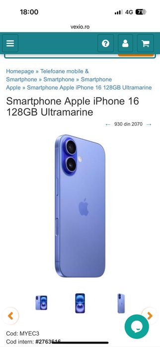 Telefon APPLE iPhone 16 5G, 128GB, Ultramarine - ca nou