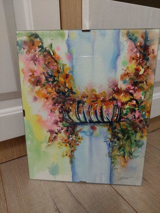 Tablou pictat - Fereastra Venetiana cu flori  24cm x 30cm