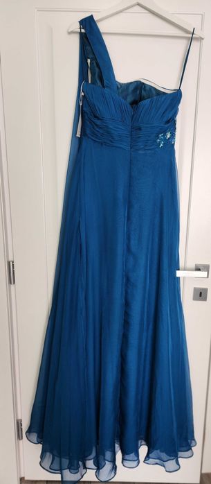 Rochie elegantă de seară albastru petrol – model pe un umăr, nouă