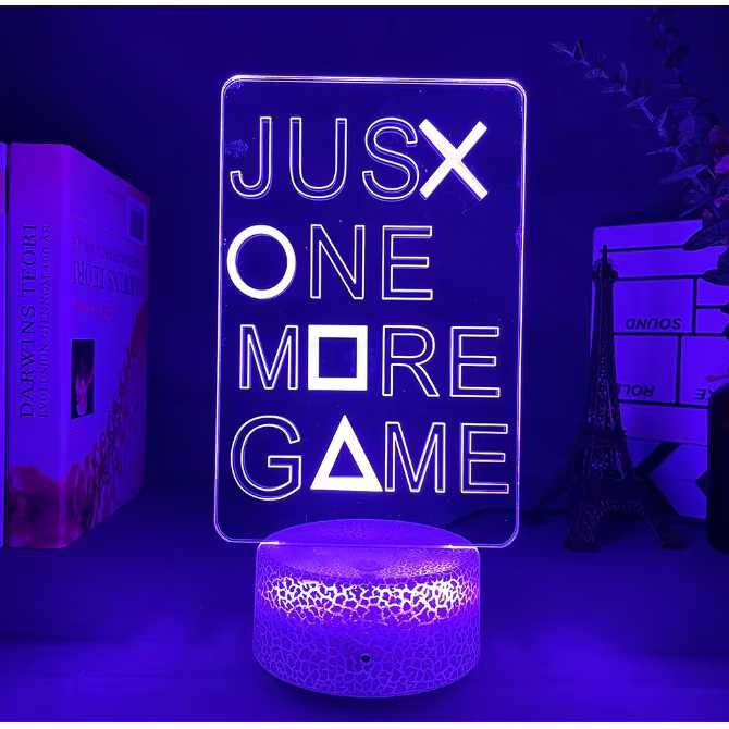 Геймърска 3D лампа "Just One More Game" – LED декорация за геймъри