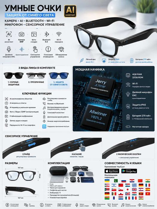 Умные очки камера, Bluetoot, Wi-Fi, AI, микрофон, сенсорное управление