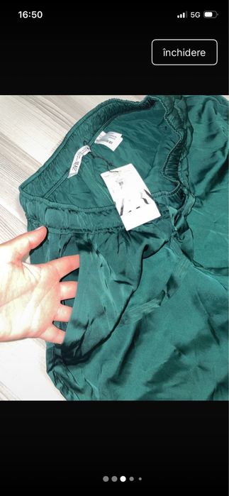 Pantaloni satin verde inchis Zara, drepti , cu elastic, f lejeri