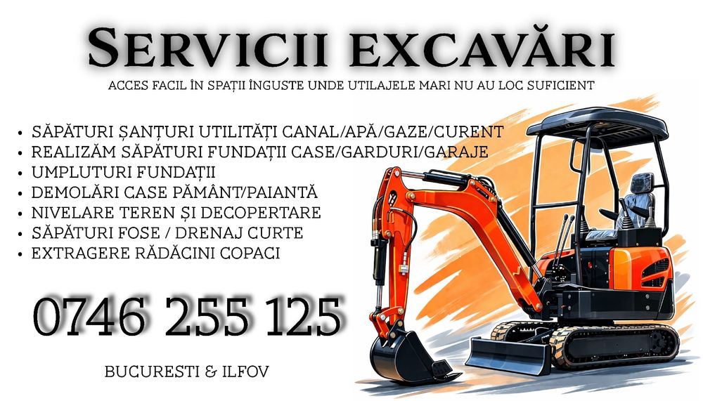 Servicii mini excavator sapaturi santuri fundații fose bransament  apa canal gaz curent fibra optica  radacini copaci nivelare gard București-Ilfov