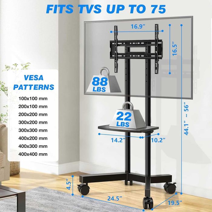 Suport TV mobil Rfiver cu raft pentru laptop, suport TV cu roti pentru televizoare de 32-75 inch, inaltime reglabila, capacitate de pana la 40 kg