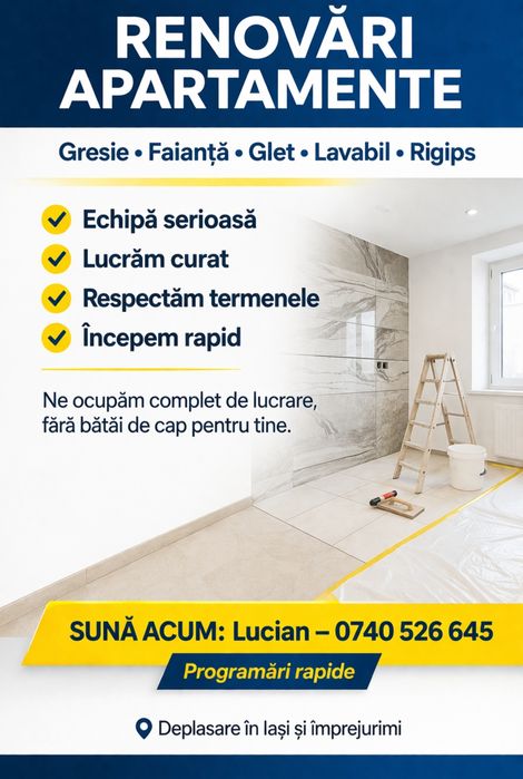 Renovări apartamente/case | Gresie, parchet, rigips, băi complete
