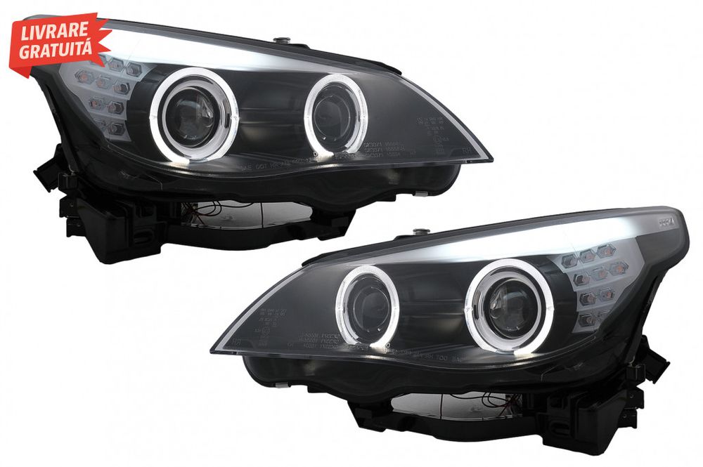Faruri LED Angel Eyes BMW Seria 5 E60 E61 (2003-2007) LCI Design Negru