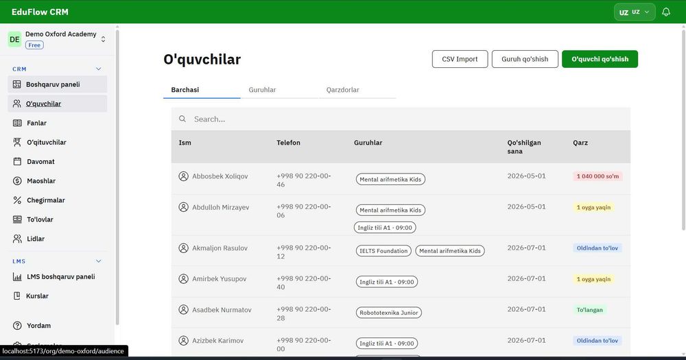 TAYYOR CRM o'quv markazga Oylik to'lovsiz (Faqat bir martalik to'lov)