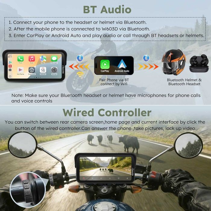 Carpuride W603DT за мотоциклет с CarPlay, Android Car и TPMS
