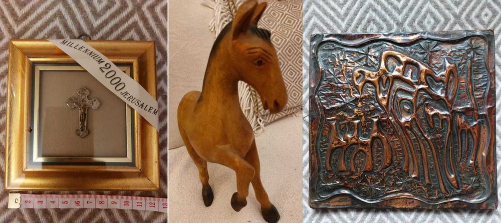 Cruciulita argint Ierusalim/cal sculptat lemn/tablouri cupru maiastra