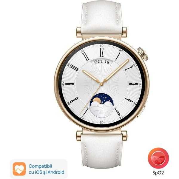Smartwatch Huawei Watch GT 4 White Leather Strap Dama 41mm Gold nou Sigilat Garantie