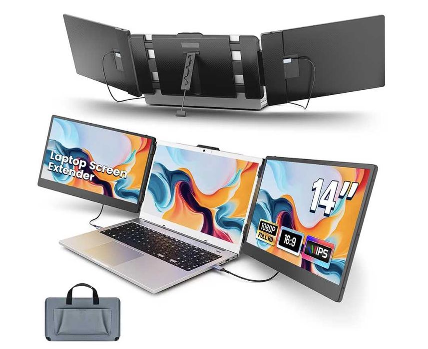 Монитор за лаптоп, троен, 13"-17", с 14-инчов, Full HD 1080P IPS, 60Hz, контраст 1000:1,Windows/MacOS/Linux/Android, Plug & Play, USB-C, калъф