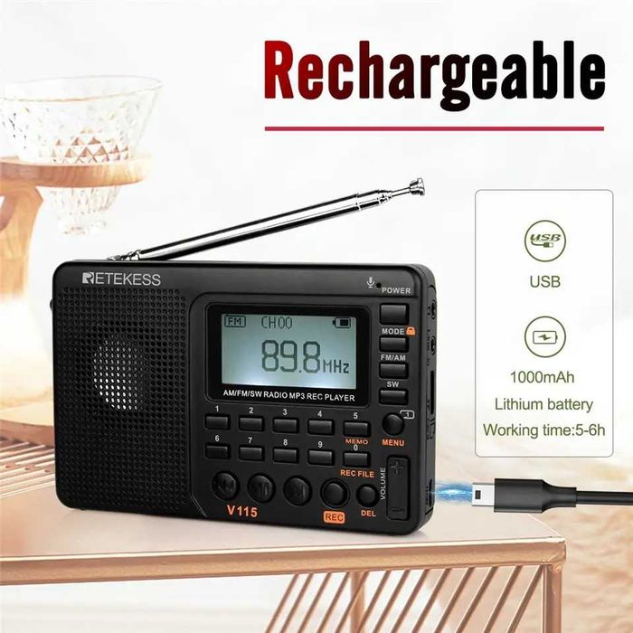 Портативно радио Retekess V115 AM/FM транзистор, MP3 и TF карта