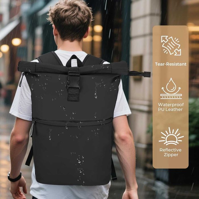 Rucsac roll top waterproof 18-27L laptop 17.3 inch din piele PU negru pentru travel scoala business