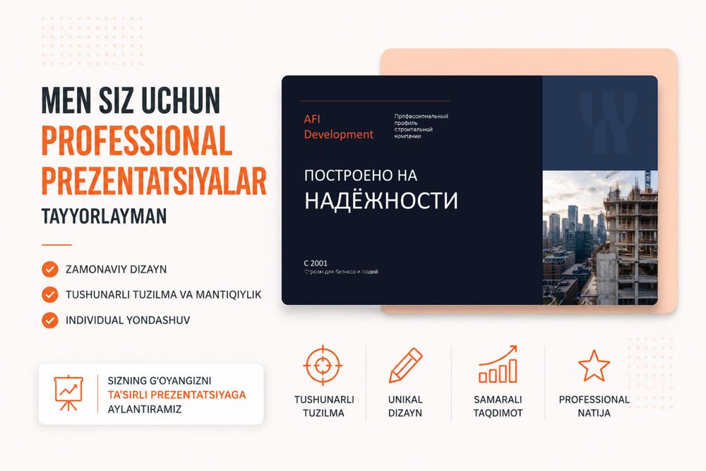 Professional PowerPoint slayd va prezentatsiya dizayni tayyorlayman.