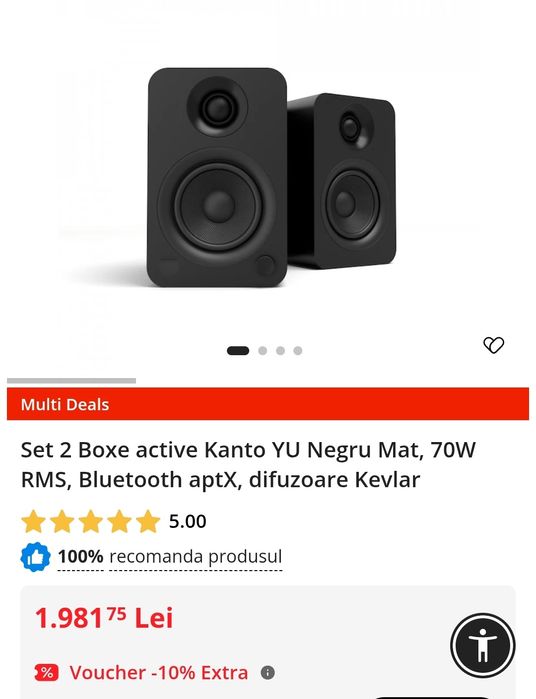 Boxe active Kanto YU 4" Negru Mat, 70W RMS, Bluetooth aptX, difuzoare Kevlar