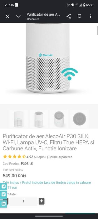 Vând purificator Alecoair P30 Silk